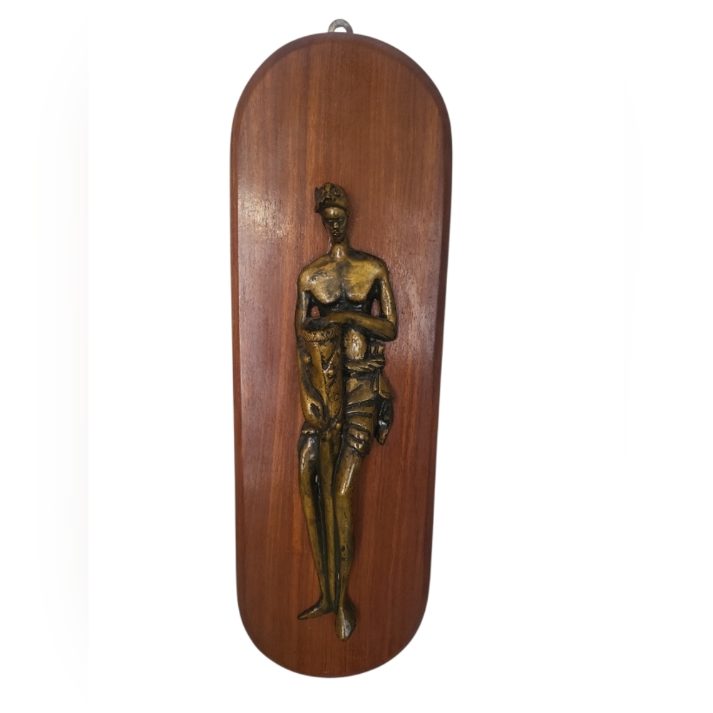 Vintage Wooden Wall Sculpture of Bronze Tribal Drummer Figure. 24 Inches